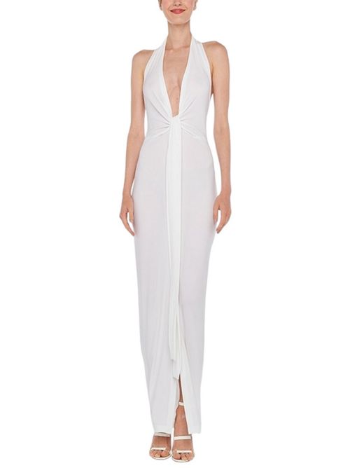 Long sleeveless white jersey women's dress with sash Norma Kamali | ST1243HPD51944SNOW WHITE